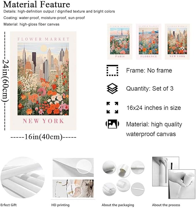 XLARTMY Flower Market Wall Art Prints Canvas Orange and Pink Floral Paintings Colorful Botanical Travel Flower Posters for Home Decor Pictures Set of 3 for Living Room Bedroom 16x24in Unframed
