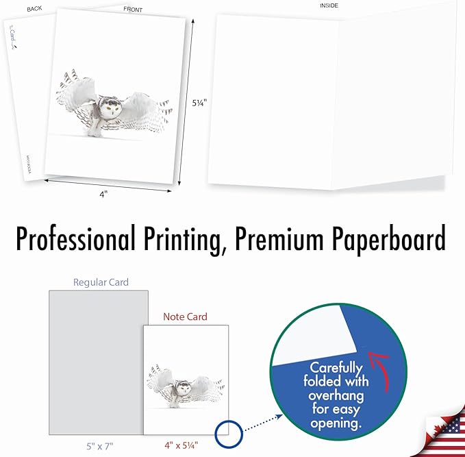 The Best Card Company - 20 Blank Note Cards with Envelopes (4 x 5.12 Inch) - All Occasion Animal Card Assortment (10 Designs, 2 Each) - Snowy Owls AM9518OCB-B2x10