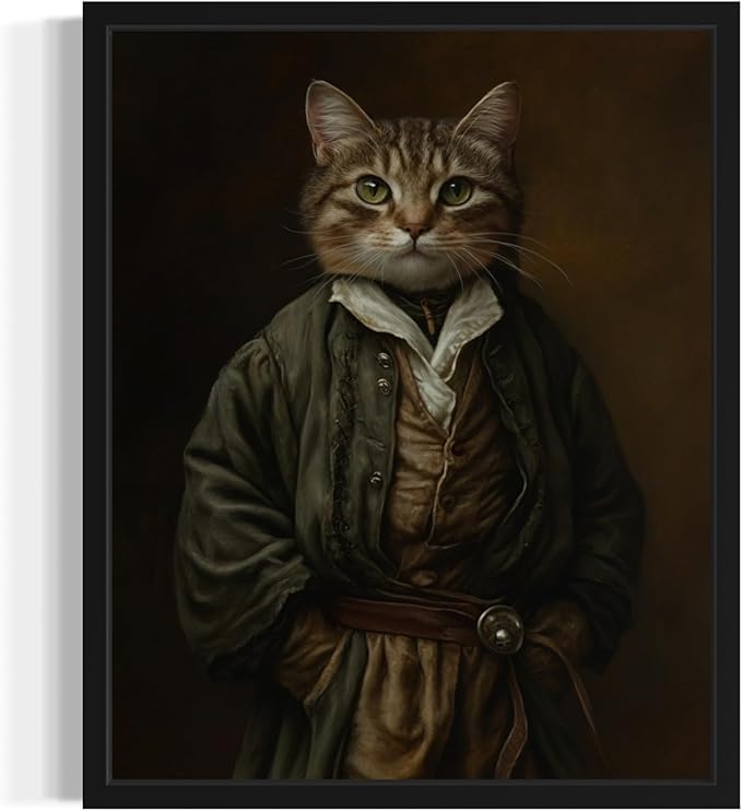Hobbit Portrait Art Poster Print, Cat Kitten Painting Humor Pet Artwork Decor Gallery A8 (Hobbit Portrait, 11 x 14 inches, Black Frame)