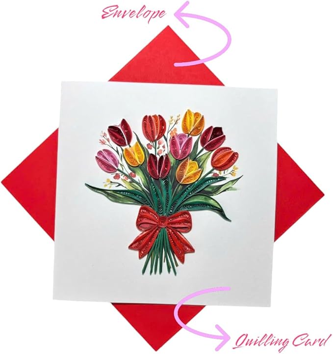 Handmade Quilling Tulip Greeting Card – 3D Pop-Up Floral Card with Red Envelope – Blank Inside – Birthday, Mother’s Day, Father's Day, Valentine’s, Anniversary, Thank You, Get Well