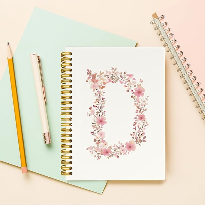 Pink Cute Spiral Notebook Journal, Preppy Floral Initial Letter D Personalized Journaling Notebooks, Monogrammed Gifts for Women Girls, Botanical Hardcover Spiral Lined Notebook 5.5 x 8.3
