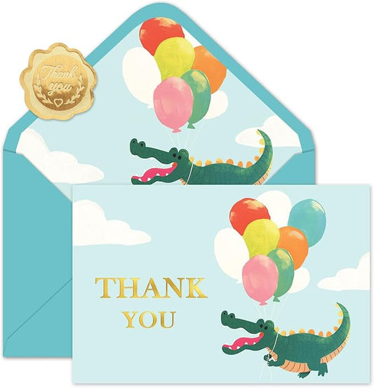 Whaline 24 Pack Alligator Birthday Thank You Cards Greeting Cards Gold Foil Blank Note Card with Envelopes Stickers for Boy Baby Shower Gender Reveal, 4 x 6 Inch