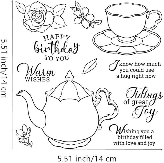 Teapot Cup Stamps and Cutting Dies for Card Making DIY Transparent Silicone Clear Stamp and Metal Die Cuts Sets for Scrapbooking Paper Greeting Cards Decor Seals Craft Supplies