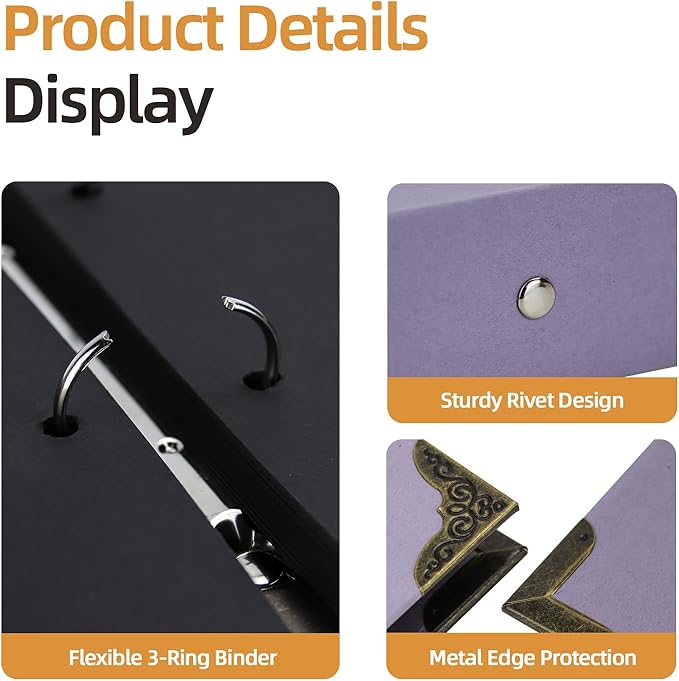Vienrose DIY Scrapbook Photo Album Kit with Pens Tapes and Stickers 60 Pages Hardcover 8.5x11 Inches 3 Rings Removable Black Paper Scrapbooking for Lover Friends Kids Wedding Purple