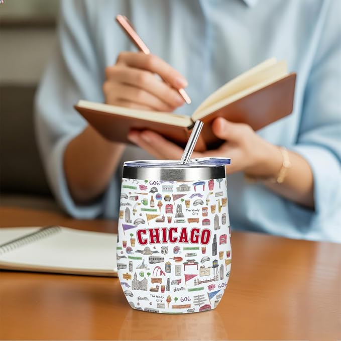 Chicago Gifts Travel Souvenir Wine Tumbler 12 oz Insulated Wine Glass Cup with Lid Straw Vacuum Insulated Cup,Travel Lover Gifts for Women Men Friend Sister Birthday Christmas Appreciation