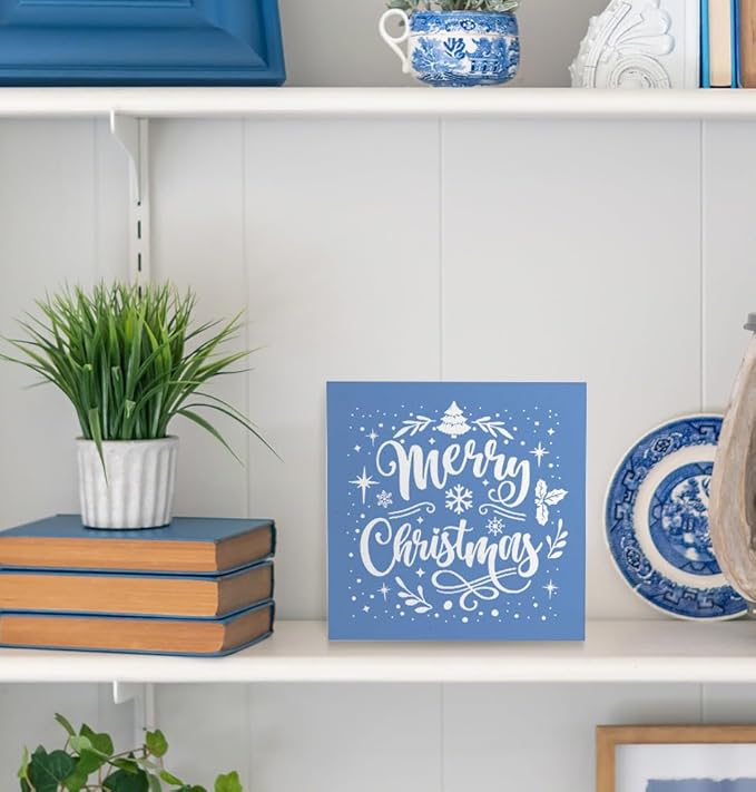 Merry Christmas Wooden Box Sign, Farmhouse Christmas Tree Snowflake Xmas Sign for Home Office Table Shelf Decor, 5x5 Inch (Blue)