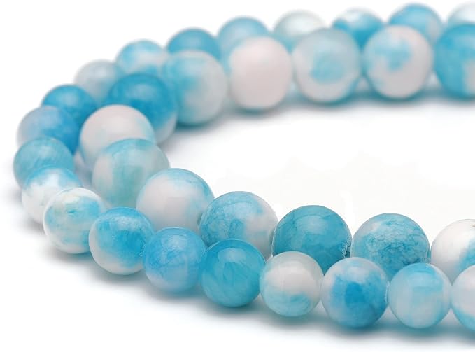 Youngbling Natural Gemstone Beads for Jewelry Making,6mm Blue White Jade Polished Round Smooth Stone Beads,Genuine Real Stone for Bracelet Necklace 15 Inch