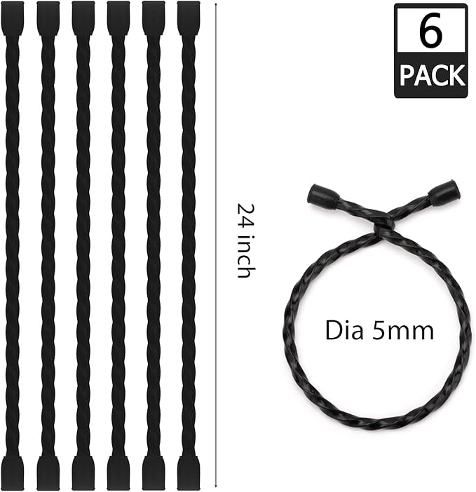 Gesipor 6 PCS 24-Inch Silicone Cable Ties Dia 5mm Reusable Steel-Core Rubber Twist Ties Bendable Cable Ties for Bundling and Holding, All Purpose Cord Tie for Indoor and Outdoor (Black)