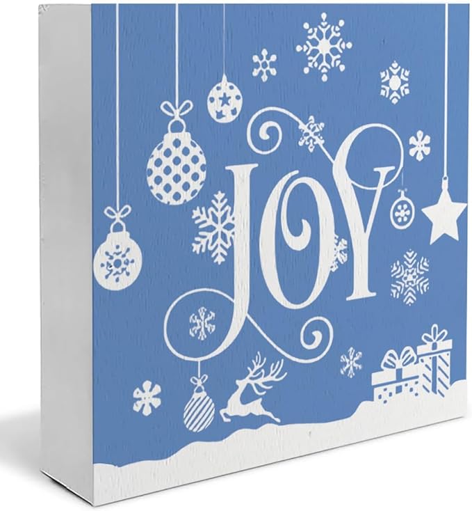 Joy Christmas Wooden Box Sign, Farmhouse Christmas Snowflake Reindeer Xmas Wood Signs for Home Office Table Shelf Decoration, 5x5 Inch (Blue)