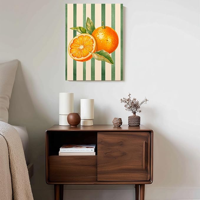 Orange Citrus Watercolor Wall Art – Fresh Fruit Botanical Print – Modern Kitchen Decor with Green Stripes – Summer Fruit Illustration Canvas Poster 16x20inch-Framed
