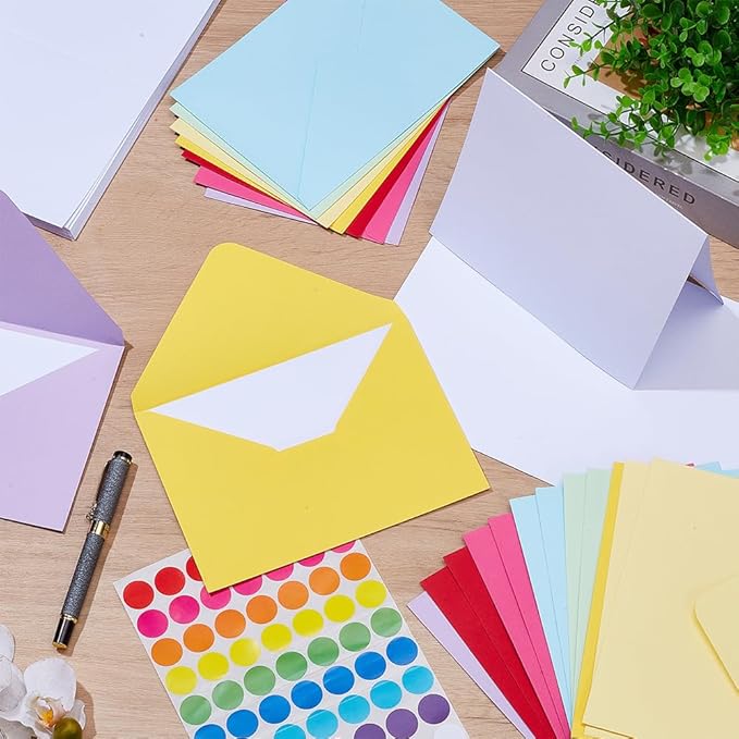 OLYCRAFT 35 Sets Colorful Envelopes and Blank Cards 7.3x5.3 Inch Envelopes with White Blank Note Cards DIY Greeting Card Kit with Sticker Pocket Envelope for Wedding Party Thanksgiving Art Projects