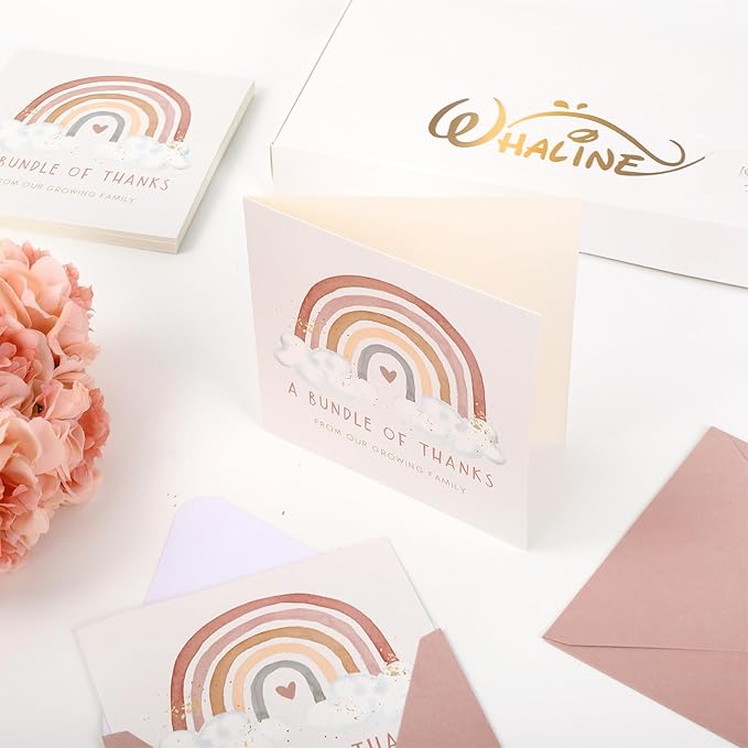 Whaline 50 Pack Baby Shower Thank You Cards Boxed Boho Rainbow Thank You Note Cards with Envelopes Stickers for Birthday Invitation, 5 x 5 Inch