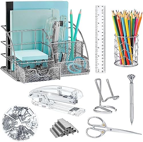 KAAKOW Silver Desk Organizers and Accessories Office Supplies Set Stapler, Pen Holder, Phone Holder, Scissors, Pen, Ruler, 30 Paper Clips, 22 Binder Clip, 20 Tacks and 1000pcs Staples by KAAKOW