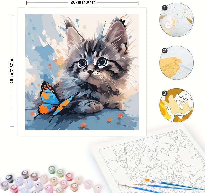 TAOPAOLAB Cat Digital Painting Kit for Adults - DIY Tabby Kitten and Butterfly Oil Painting on Canvas 7.87x7.87In, Framed Acrylic Paint Kit, Good for Beginners, Art for Home Decoration or Gifts - Image 2