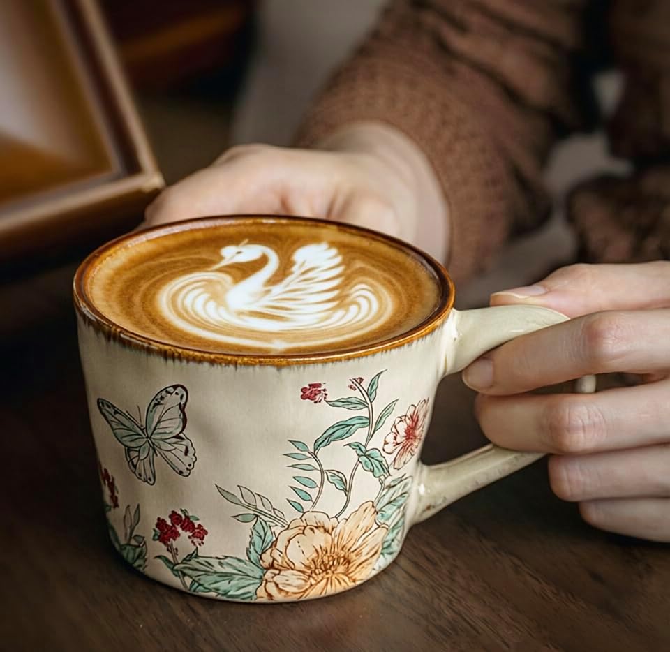 14OZ Ceramic Latte Mug, Cute Love Of Butterfly Flower Coffee Mug For Women With Lid And Spoon, Retro Floral Cup For Green Tea OR Coffee,Hand Painted Floral Design Pottery Cute Mug - Image 2