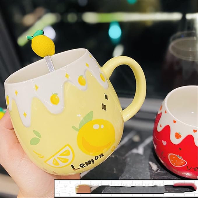 Coffee Mug Cups Ceramic Tea Cup Fruits Lemon Shaped Handmade Cute Mugs With Lid Spoon Handle Office Home Hot Ice Chocolate Milk Mugs Gifts Microwave Dishwasher Safe Travel Mugs (Yellow)
