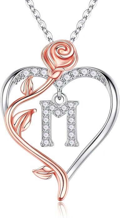 Iefil Stocking Stuffers for Women Wife - 925 Sterling Silver Rose Heart Initial Necklace, Christmas Anniversary Birthday Gifts for Women, Jewelry Gift for Her Wife Girlfriend Mom Daughter