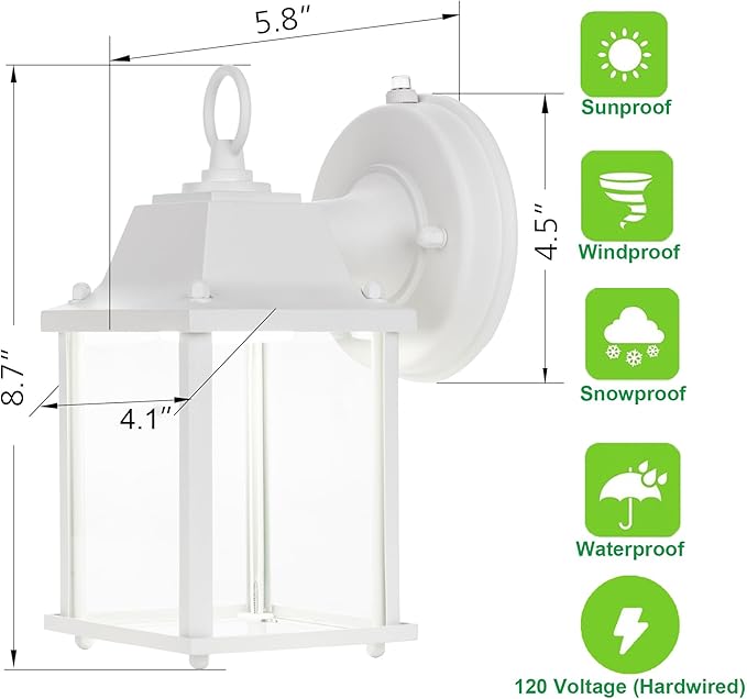 LIT-PaTH Small Outdoor LED Wall Lantern with Dusk to Dawn Photocell, 5000K Daylight White, 9.5W, 800 Lumen, Aluminum Housing Plus Glass, Outdoor Rated, 1-Pack, White