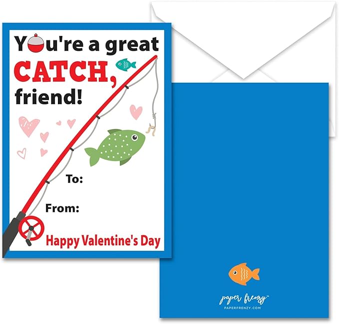 Paper Frenzy Fishing Themed Valentines - 25 pack WITH ENVELOPES