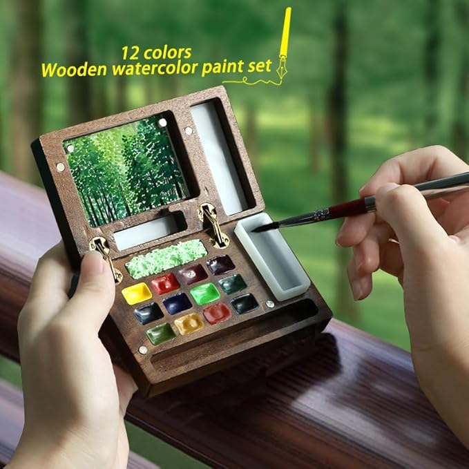 AUK Travel Mini Watercolor Paint Set for Adult Artists, Pocket Portable Wooden Watercolors Painting Kit Contains Drawing Pen Paper Sponge Wash Bucket