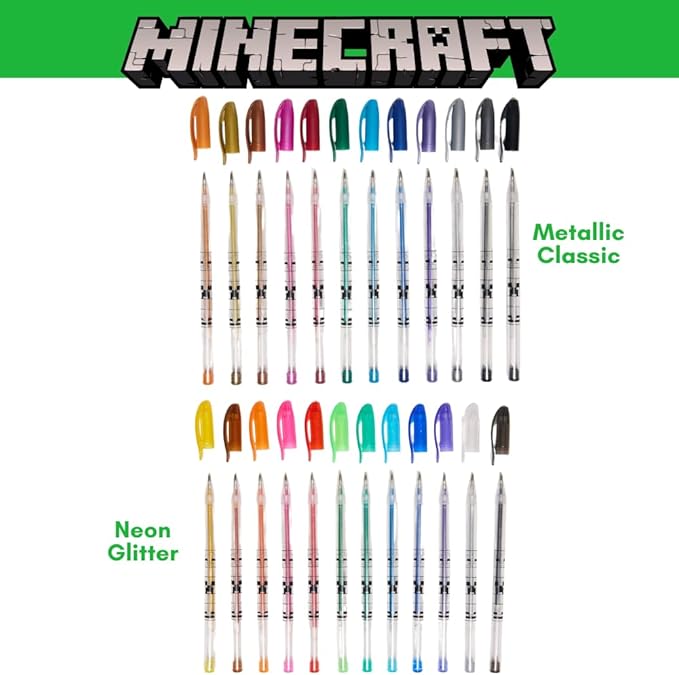 Innovative Designs Minecraft Gel Pens Set for Kids, 24 Pack with Glitter Gel Pens, Cute Pens for Boys and Girls