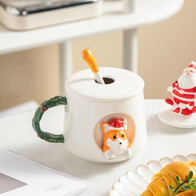 Cute Dog Couple Cup, Ceramic Coffee Mug with a Lid, Family Cup, Office Cup, Concave wood grain pattern handle, Cute Shiba Lnu Three-dimensional Design, with Matte Texture(420ML) (White Hat)