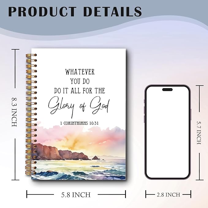 Watercolor Christian Spiral Notebooks, 1 Corinthians 10:31 Bible Journal, Scripture Journals for Writing, Christian Gifts for Women, Religious Notebook for Note Taking, 5.5x8.3 Inch