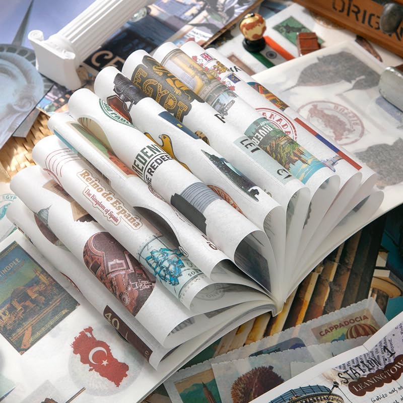 Prstincol Vintage Aesthetic Washi Stickers and Papers for Scrapbooking, 50 Sheets Ephemera Book for Art Journaling with Retro Global Travel Theme Stickers and Decoupage Papers for Junk Journal - Image 3