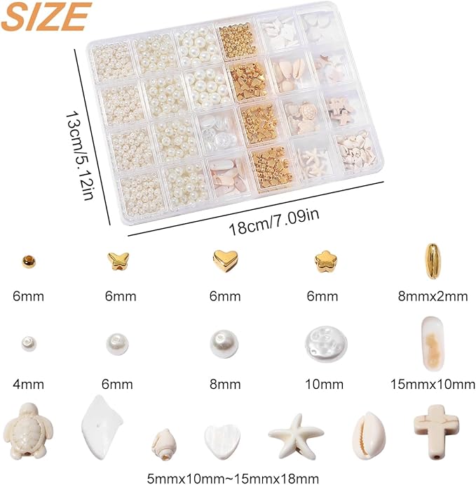 1000Pcs Pearl Beads for Bracelets Making -4mm 6mm White Pearl Beads with Gold Spacer Bead & Shell Jewelry for Bracelet Necklace DIY Craft Making Kit, Beach Theme Friendship Jewelry Making Kit
