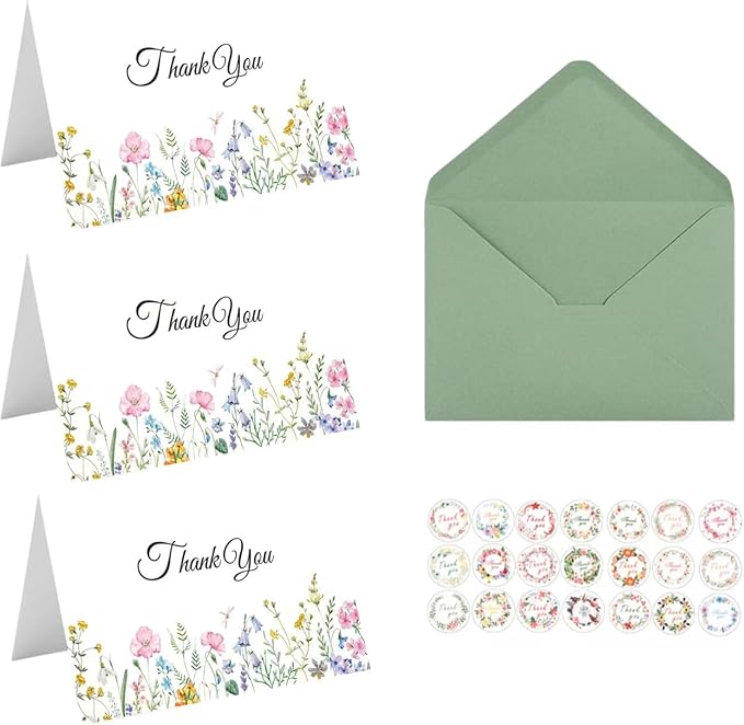 40 Pack Thank You Blank Note Cards, Elegant Floral Design Blank Greeting Card, with Envelopes & Stickers, For All Occason party, 6 x 3.9 in