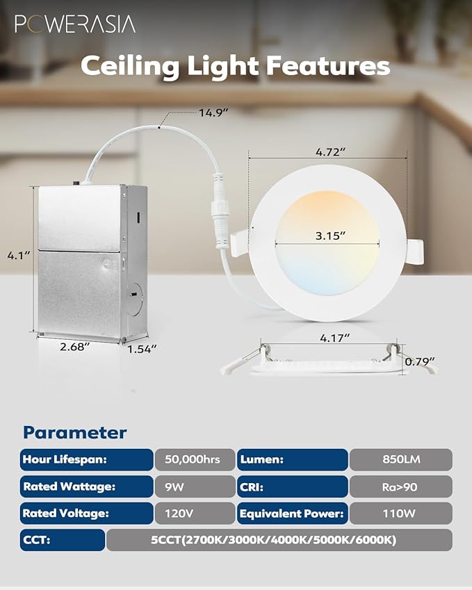 2 Pack Recessed Lighting 4 Inch with Junction Box, 2700K/3000K/4000K/5000K/6000K Dimmable Flush Mount Ceiling Light, 9W 850lm Canless Recessed Lighting-ETL and Energy Star Certified