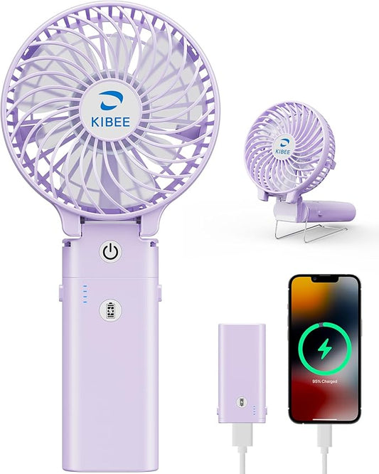 KIBEE Portable Handheld Fan - 5200mAh USB Rechargeable [20H Max Runtime] with Power Bank, Foldable 180° Mini Personal Fan, 3-Speed with Stand for Travel/Outdoor/Makeup/Concerts (Purple)