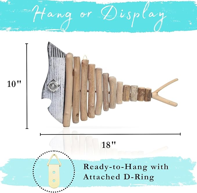Mint Bucket Brands Driftwood Fish Nautical Wall Decor - 18" x 10" Handmade Wooden Rustic Coastal Wall Art for Living Room, Bedroom, Office, Bathroom - Ocean Beach Decoration (Misty)