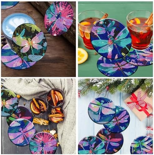 Demonwer 8 Pieces Dazzling Dragonfly Diamond Coasters Kits with Holder DIY Colorful Dragonfly Diamond Art Coaster Coaster for Gifts Beginner Adults Kids Art Table Home Craft Gift Supplies - Image 6