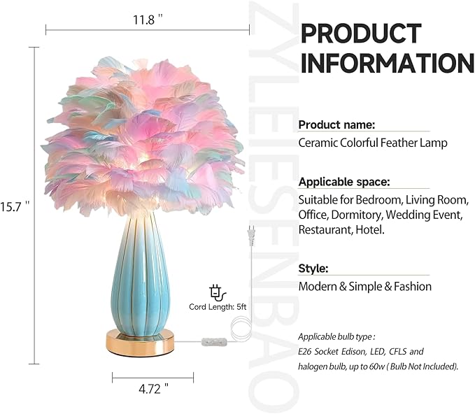 Colorful Feather Lamp Modern Furry Table Lamp Romantic Bedside Lamp Nordic Fluffy Princess Girl Nightstand Light for Bedroom Living Room Entry Office Wedding Decor Christmas Gift Prime