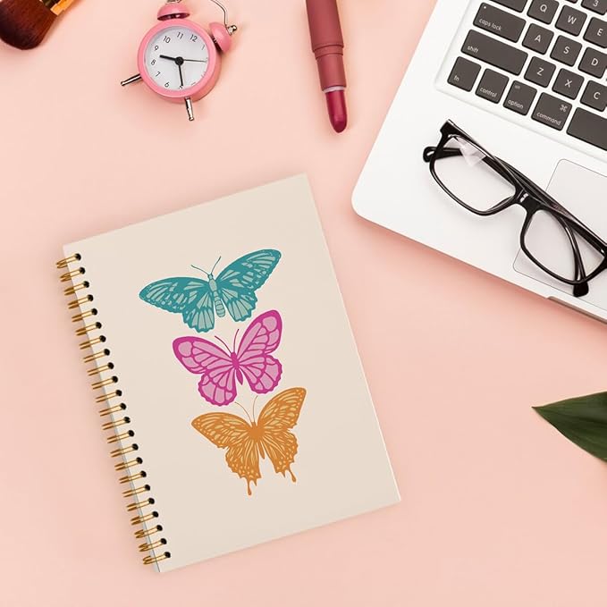 Butterfly Notebook Journal, Trendy Preppy Notebook, Boho Notebook Aesthetic, Preppy Office Supplies, Pink Desk Accessories for Women Office, Hardcover Spiral Notebook 5.5x8.3