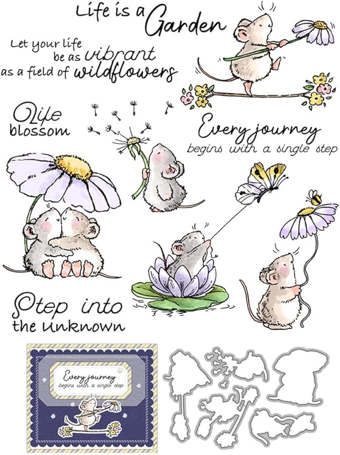 Mouse Daisy Flower Stamps and Cutting Dies for Card Making DIY Transparent Silicone Clear Stamp and Metal Die Cuts Sets for Scrapbooking Paper Greeting Cards Decor Seals Craft Supplies