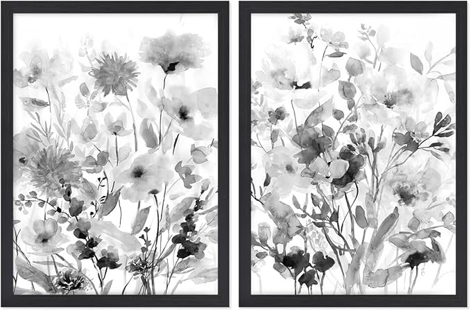 Botanical Canvas Prints Wall Art Black & White Wildflower Pictures Rustic Floral Paintings Decor 2 Panels Modern Framed Artwork for Bathroom Livingroom Bedroom Office Kitchen 12x 16 inches (Black