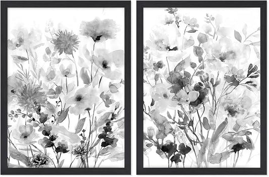 Botanical Canvas Prints Wall Art Black & White Wildflower Pictures Rustic Floral Paintings Decor 2 Panels Modern Framed Artwork for Bathroom Livingroom Bedroom Office Kitchen 12x 16 inches (Black