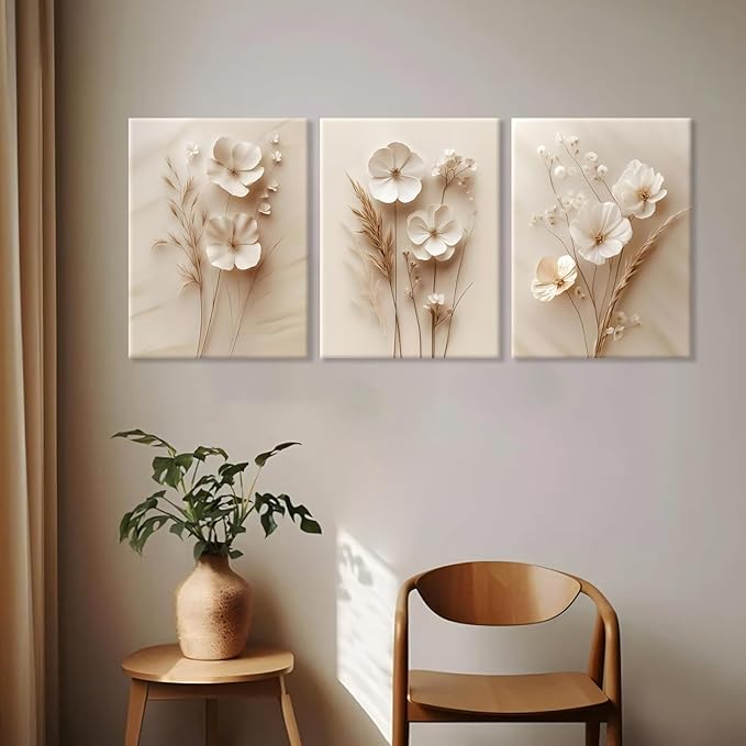3Pcs Framed Neutral Beige Floral Canvas Wall art Modern Simple Texture Plant Painting Wall Decor Vintage Flower Poster Prints for Living Room Bedroom Farmhouse16x12in Ready to Hang