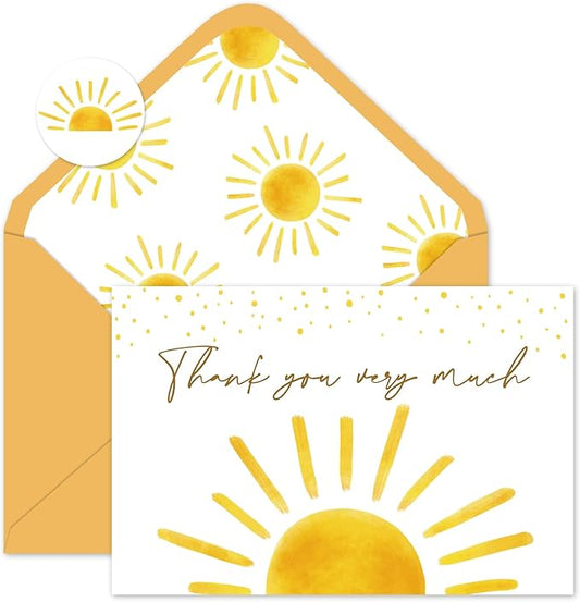 Whaline 50 Packs Baby Shower Thank You Cards Greeting Card Boho Sun Sunshine Blank Note Cards with Envelopes and Stickers Boxed for Birthday Holiday Baby Shower, 4 x 6 Inch