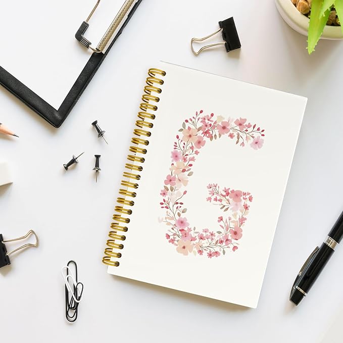 Pink Cute Spiral Notebook Journal, Preppy Floral Initial Letter G Personalized Journaling Notebooks, Monogrammed Gifts for Women Girls, Botanical Hardcover Spiral Lined Notebook 5.5 x 8.3