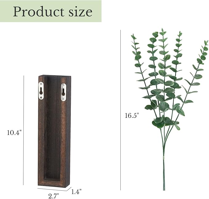 Dahey 2 Pack Small Wood Wall Planter Vase with Artificial Eucalyptus Farmhouse Wall Hanging Decor Planter for Indoor Fake Plants Greenery, Living Room Bedroom Kitchen Home Office Decoration, Brown