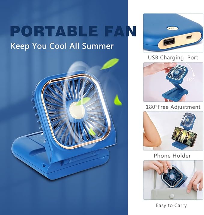 Portable Mini Fan - 5 in 1 with Power Bank, Phone Holder, Handheld & Desk Fan - USB Rechargeable, 3000mAh Power Bank, 3 Speed Adjustable, Neck Lanyard, Blue