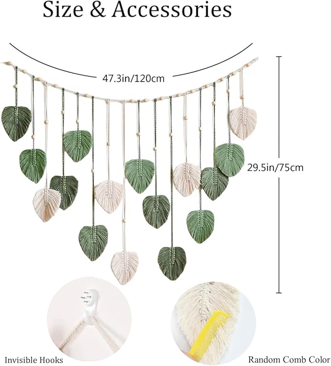 Avoik Macrame Woven Wall Hanging Tapestry Boho Chic Home Decor Woven Green Leaf Large Tapestry Wall Art Decor Handmade Feather for Bedroom Living Room Apartment Hanging Decorations, 47x29 inch