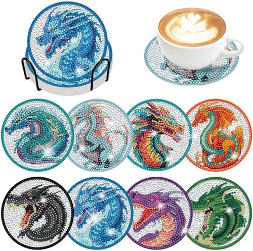 Demonwer 8 Pieces Dragon Diamond Coasters Kits with Holder DIY 3D Dragon Diamond Art Coaster Non Slip Coaster for Adults Diamond Kits Supplies for Christmas Gift by Demonwer