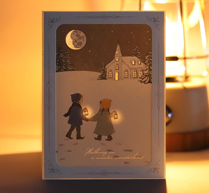 Light-Reveal Winter Greeting Card Set (3 Designs) – “Skating Girl”, “Wonderland”, and “Light” Vintage Holiday Cards with Envelopes, Cozy Christmas & Winter Season Illustrations