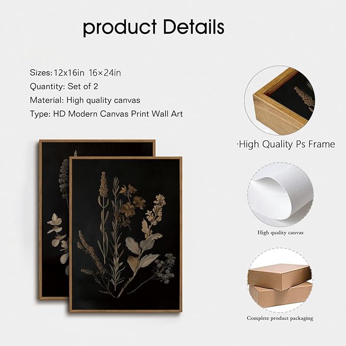 YOYIAXT 2 Pieces Dark Botanical Canvas Wall Art Vintage Moody Floral Framed Wall Art Modern Rustic Gothic Dark Academia Aesthetic Flower Art Print Artwork For Bedroom Living room Office, 12x16 in