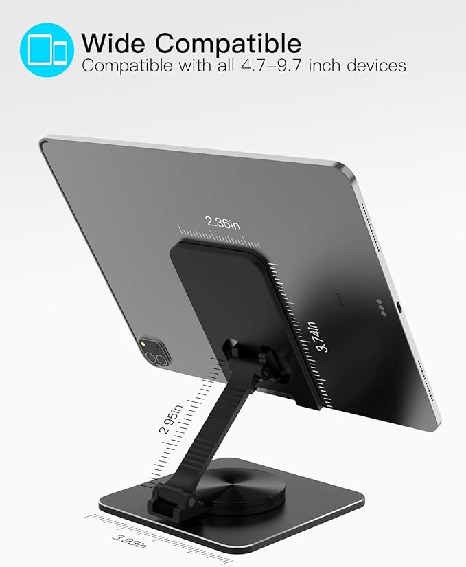 Cell Phone & Tablet Stand for Desk, Aluminum Adjustable Holder for iPhone, iPad & Smartphones || Foldable Mount with 360° Swivel, Stable Base & Portable Design for 4–9.7in Devices, Black