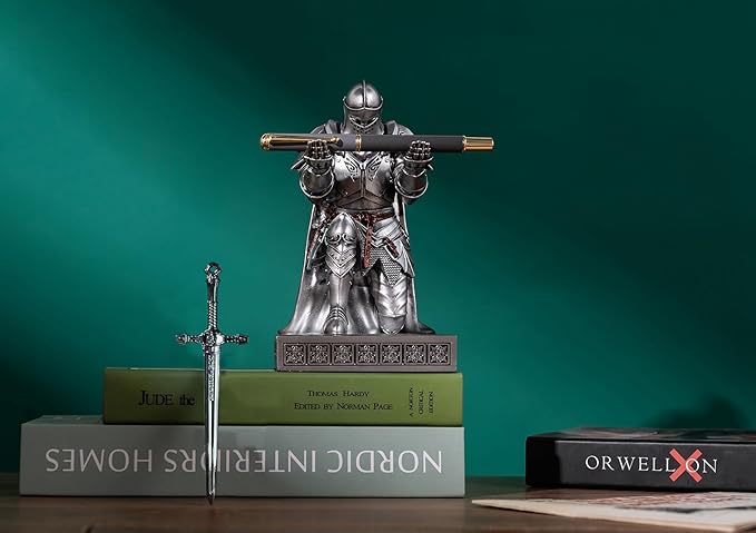 King's Guard Leader Cloak Warrior Knight Pen Holder Mobile Phone Stand, Ornament Knight Statue, Pen Stand Paperweight for Office and Home (Silver)